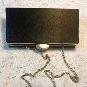 Bijoux Terner Black Satin Clutch, Short Silver Chain, 10×19 cm, Vintage